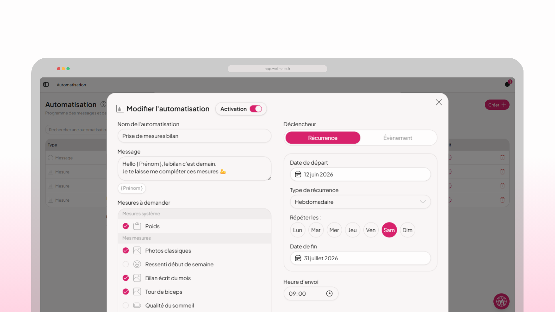 Demande automatique de mensurations dans WellMate