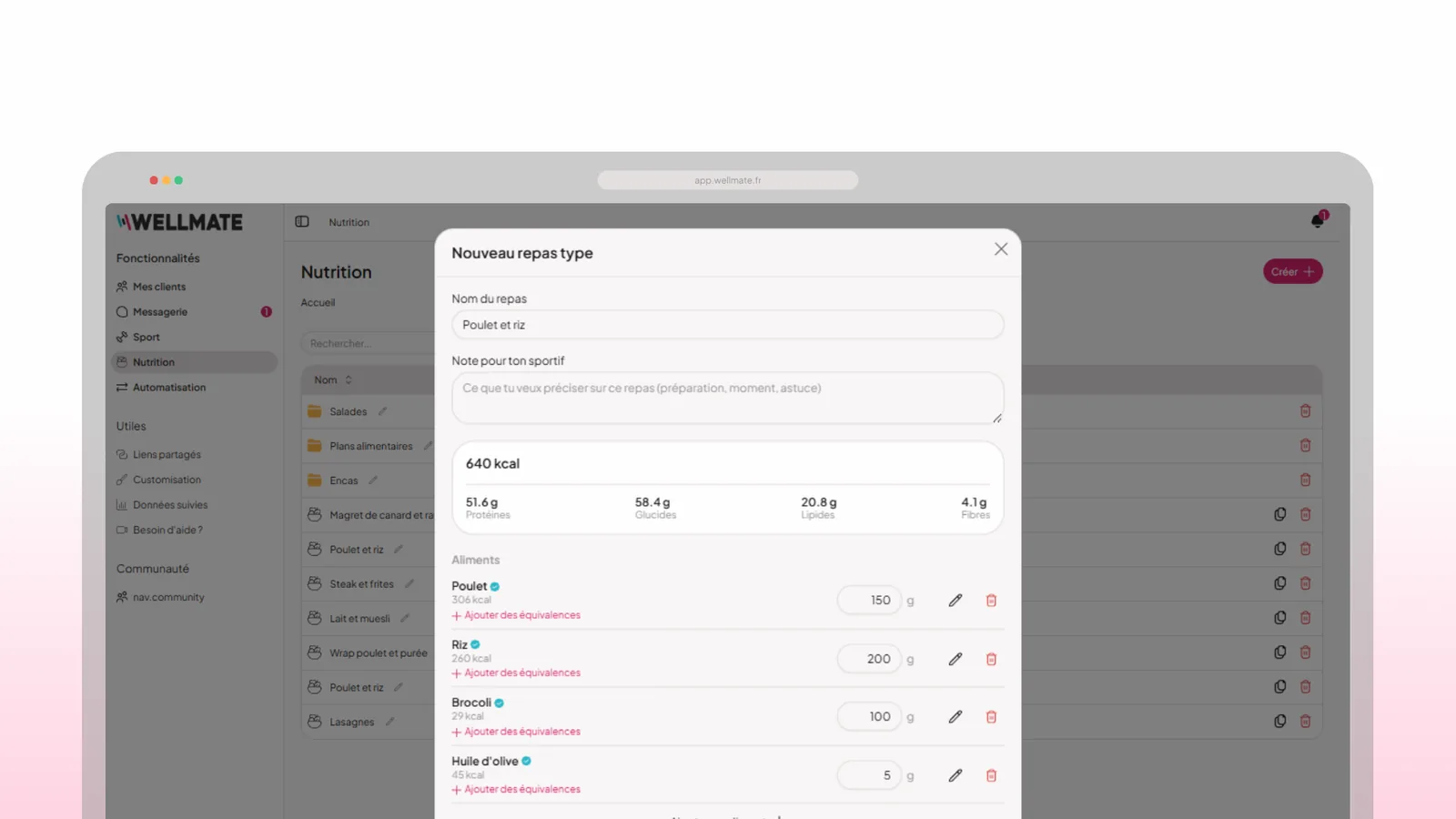 Création d'un repas type à partir d'aliments certifiés dans WellMate